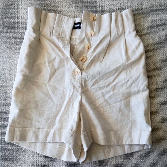 Express High Rise Bermuda Shorts 00 – Button Front Linen Blend Neutral Beige - Picture 1 of 6